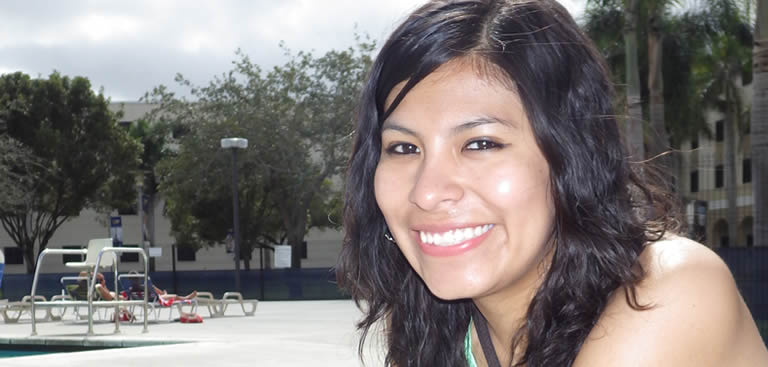 Bolivian international exchange student Alejandra Rua Apaza on FIU's Modesto Maidique Campus during the Spring 2014 semester.